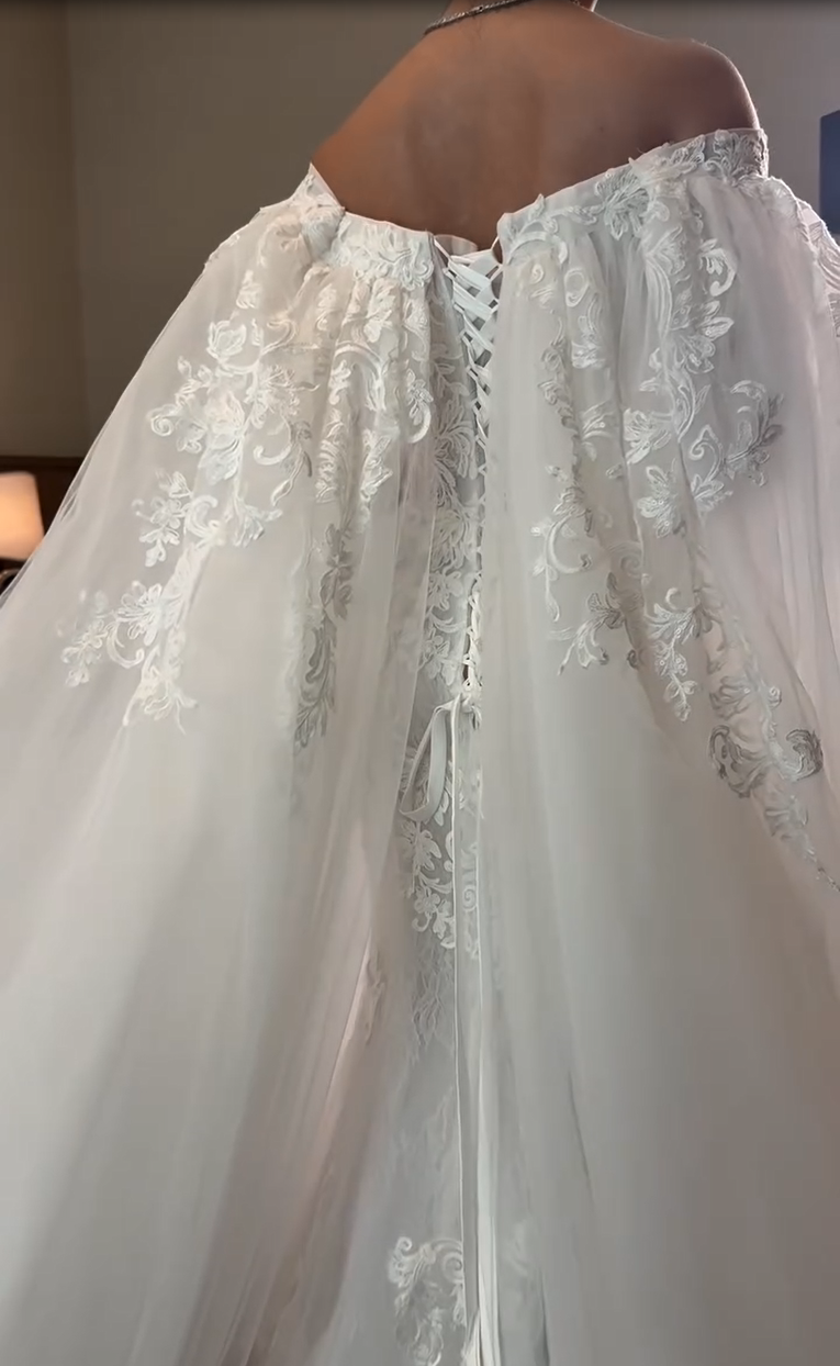 Lace Applique Off-the-Shoulder Cape Wedding Dress