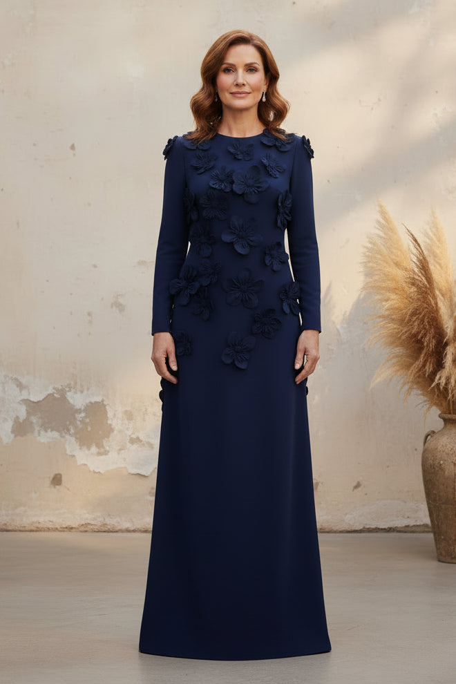 Long Sleeve 3D Floral Applique Floor-Length Gown
