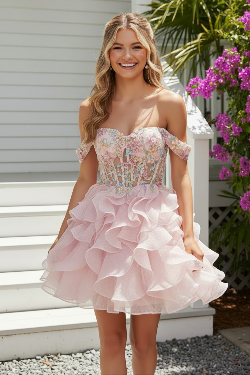 Off-the-Shoulder Ruffled Corset Short Dress
