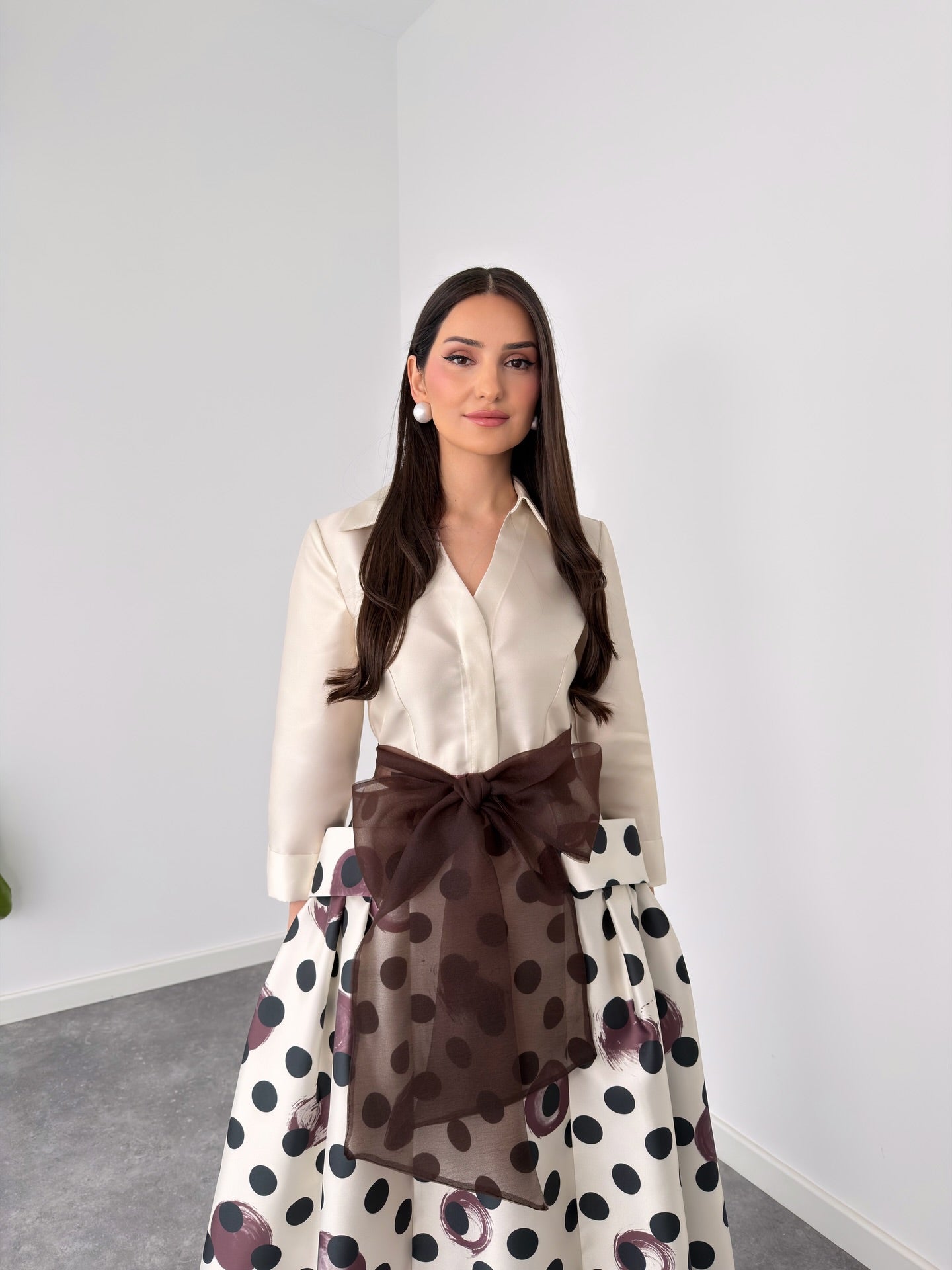 Two-Piece Satin Top and Polka Dot A-Line Maxi Skirt