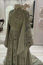 Beaded Floral Cape Sleeve Evening Gown with Train