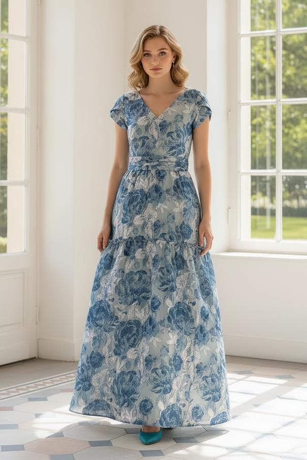 Floral Jacquard Maxi Dress with Tiered Skirt