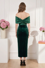 Off-the-Shoulder Bow Bodice Velvet Midi Dress