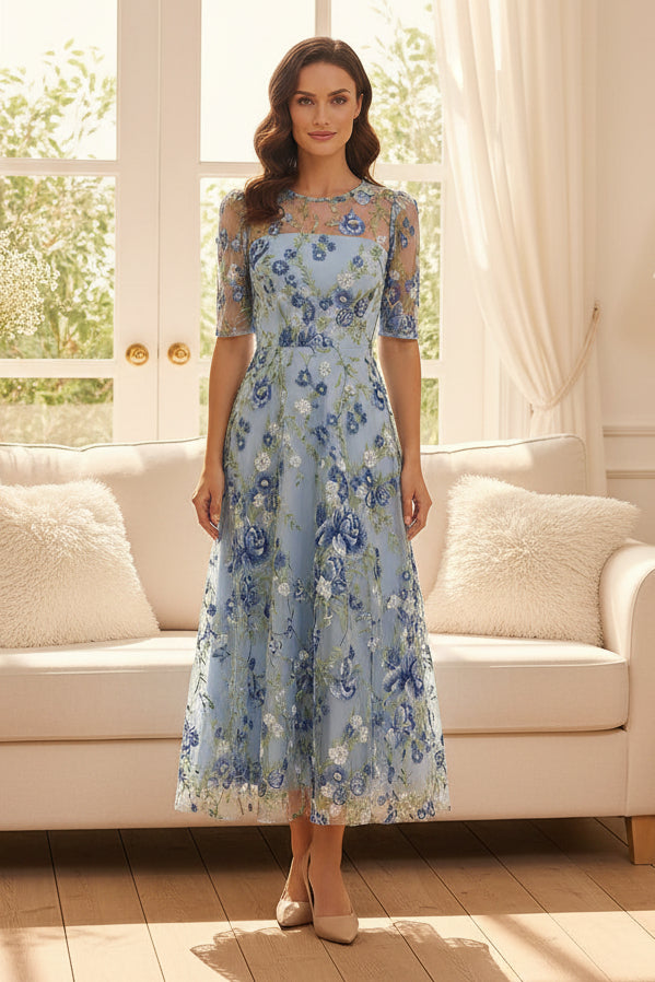 Floral Embroidered Illusion Neck Midi Dress