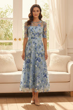 Floral Embroidered Illusion Neck Midi Dress