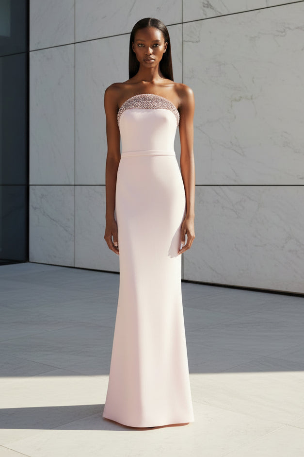 Strapless Beaded Crepe Evening Gown