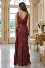 Sequin V-Neck Evening Gown with Side Cascade Drape