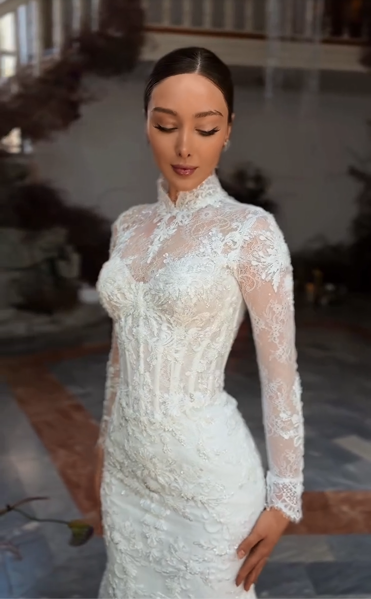 Long Sleeve High Neck Lace Mermaid Wedding Dress