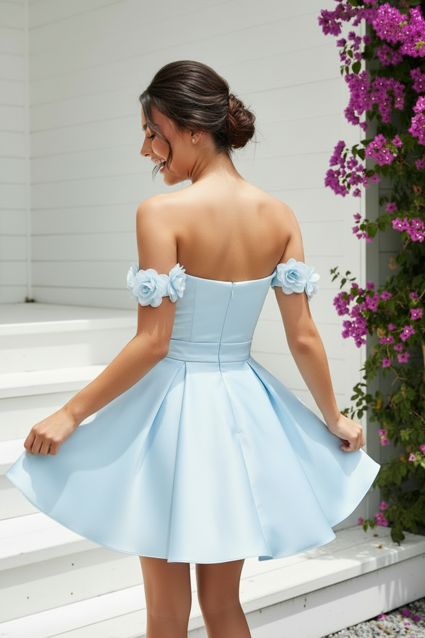 Off-the-Shoulder Pleated Floral Mini Dress