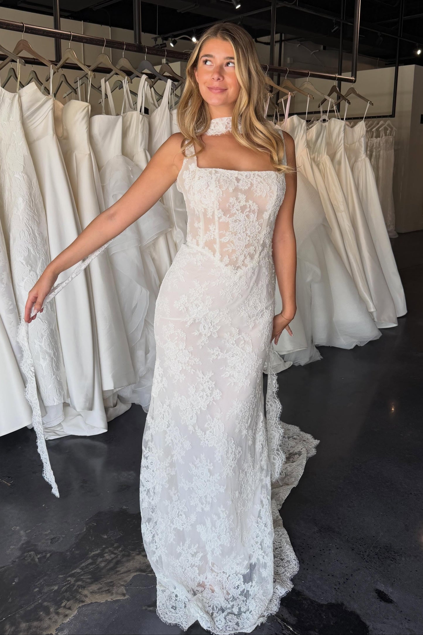 Square Neck Lace Corset Wedding Dress