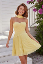 Pleated Mini Dress with Sweetheart Neckline & Scarf Tie