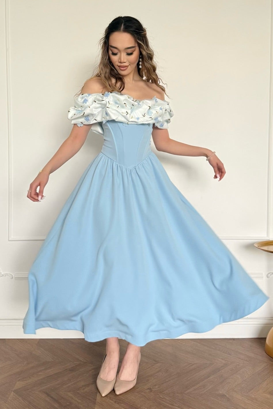 Off-the-Shoulder Corset Midi Dress with Floral Ruffle