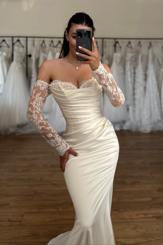 Off-the-Shoulder Ruched Satin Mermaid Wedding Dress