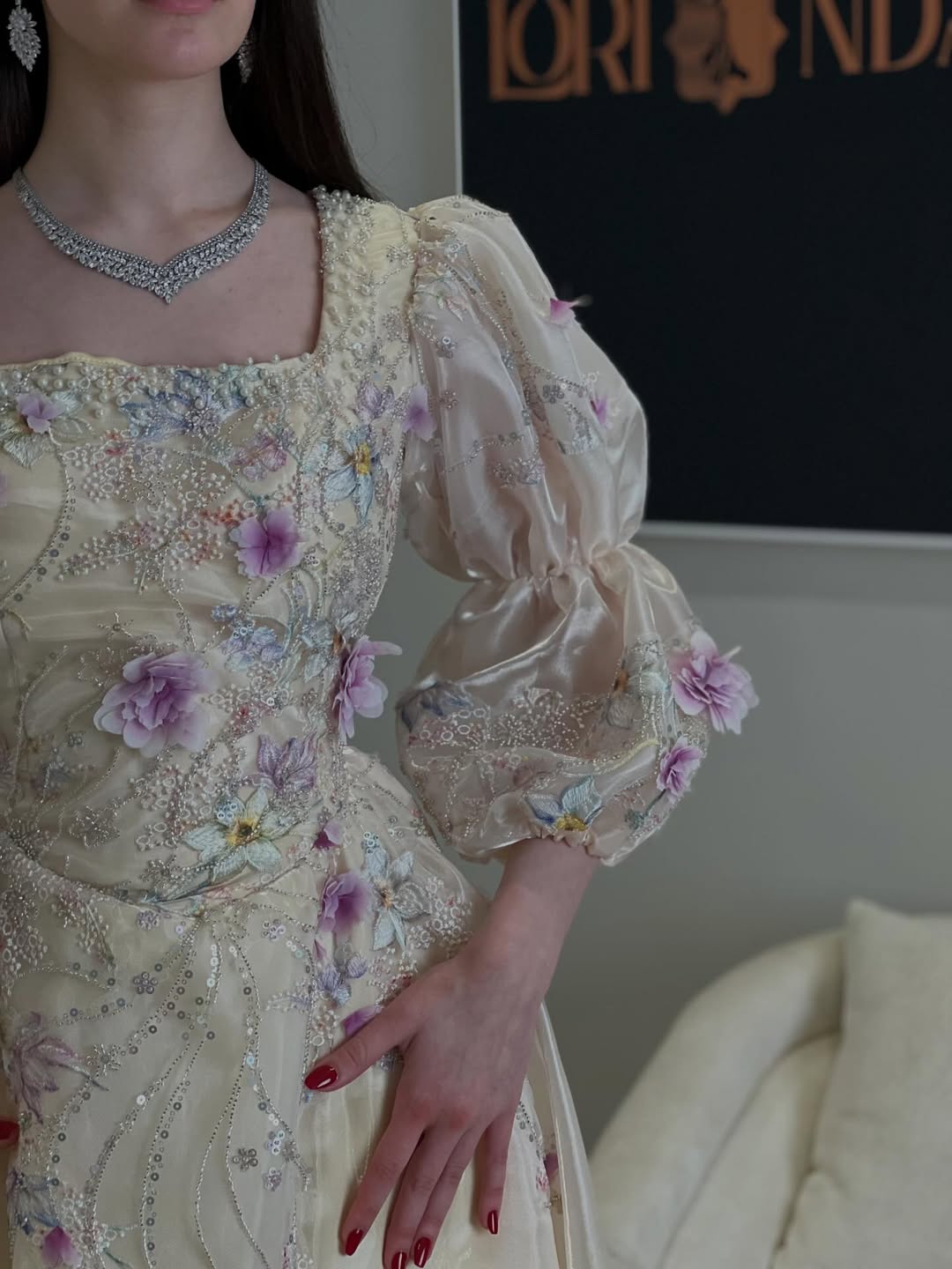 Floral Applique Puff Sleeve A-Line Gown