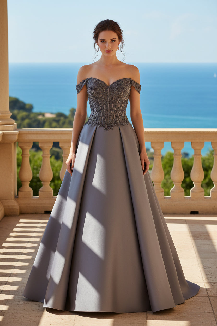 Beaded Corset Off-the-Shoulder Satin Ball Gown