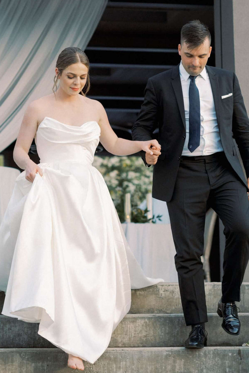 Strapless Ruched Satin A-Line Wedding Dress with Back Bow