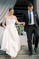 Strapless Ruched Satin A-Line Wedding Dress with Back Bow
