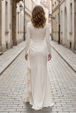 Ruched Long Sleeve Gown with Cascade Ruffle Slit