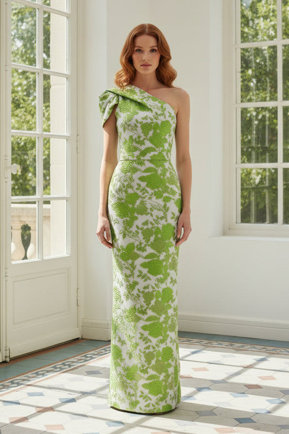 One Shoulder Floral Jacquard Evening Gown