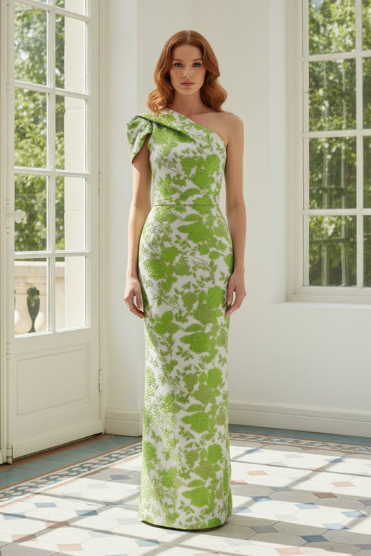 One Shoulder Floral Jacquard Evening Gown
