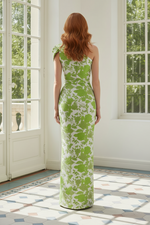 One Shoulder Floral Jacquard Evening Gown