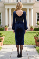 Velvet Midi Sheath Dress with Balloon Sleeves