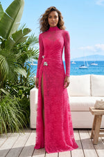 High Neck Lace Gown with Side Slit