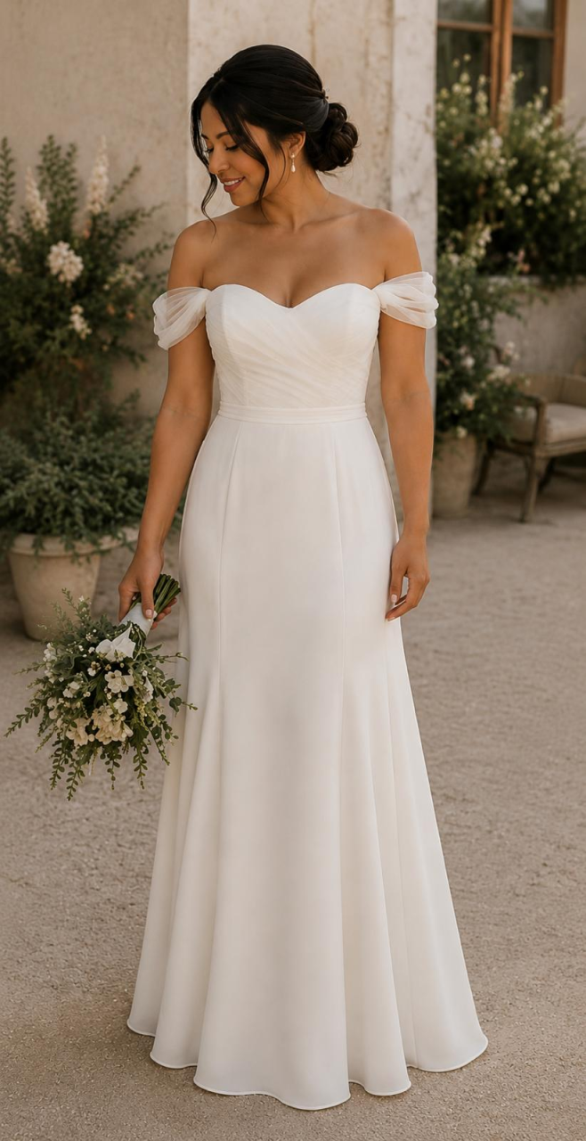 Off-the-Shoulder Sweetheart Fit and Flare Wedding Dress