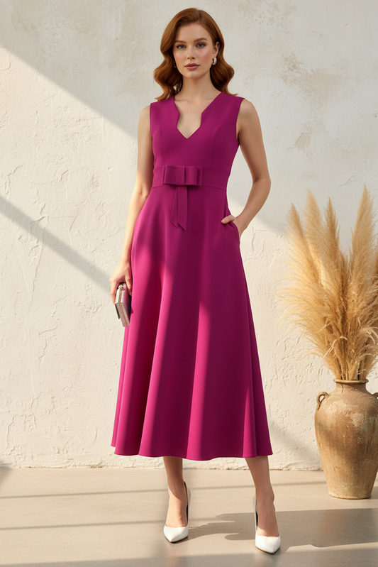 Magenta Sleeveless V-Neck Midi Dress with Bowknot and Pockets
