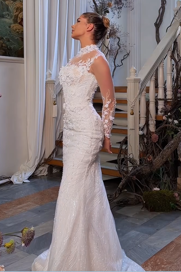 High Neck Lace Mermaid Wedding Dress with 3D Flowers