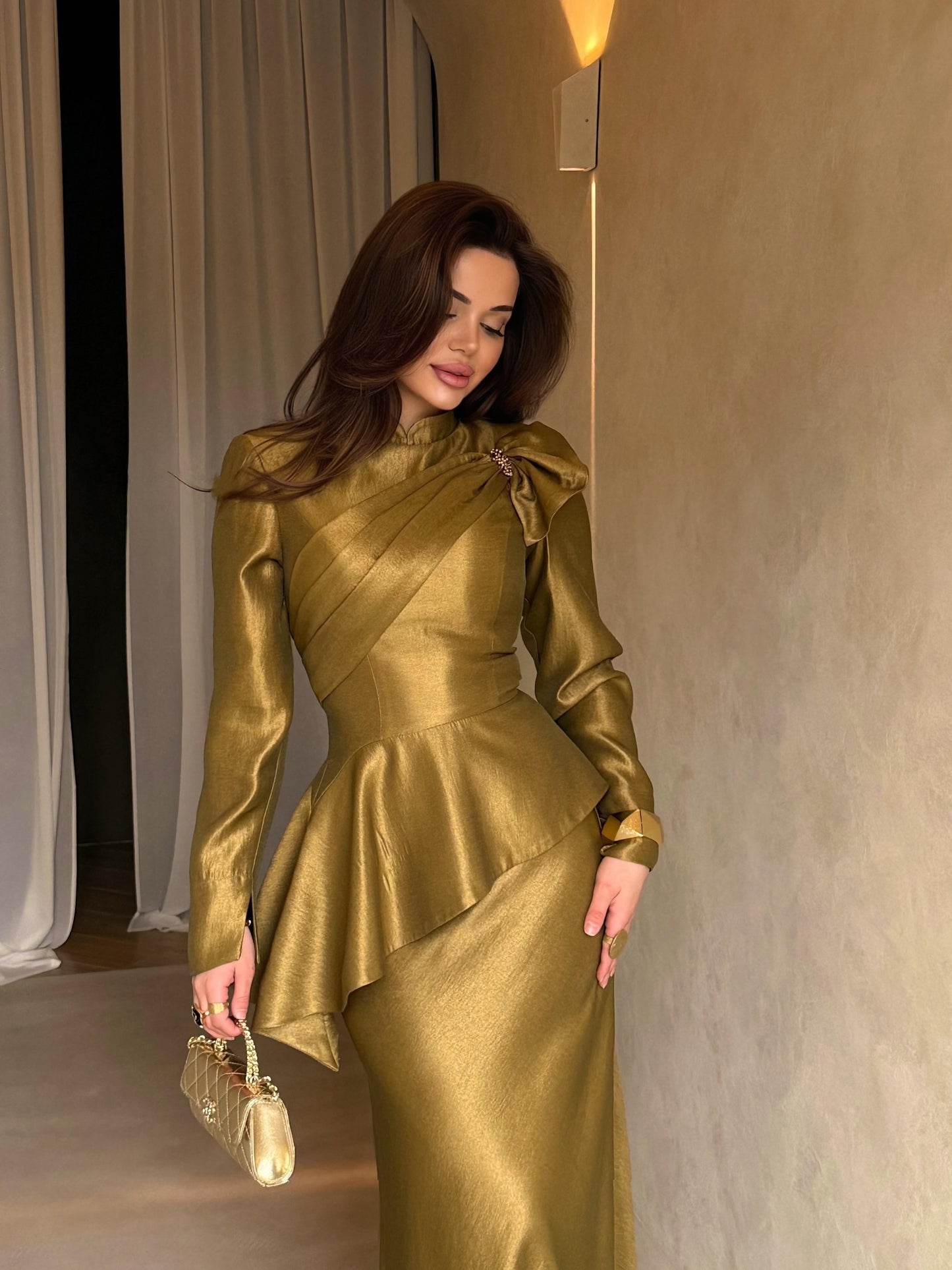 Draped Long Sleeve Peplum Evening Gown