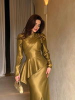 Draped Long Sleeve Peplum Evening Gown