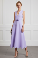 Lilac Scalloped V-Neck Midi Dress with Bow Belt