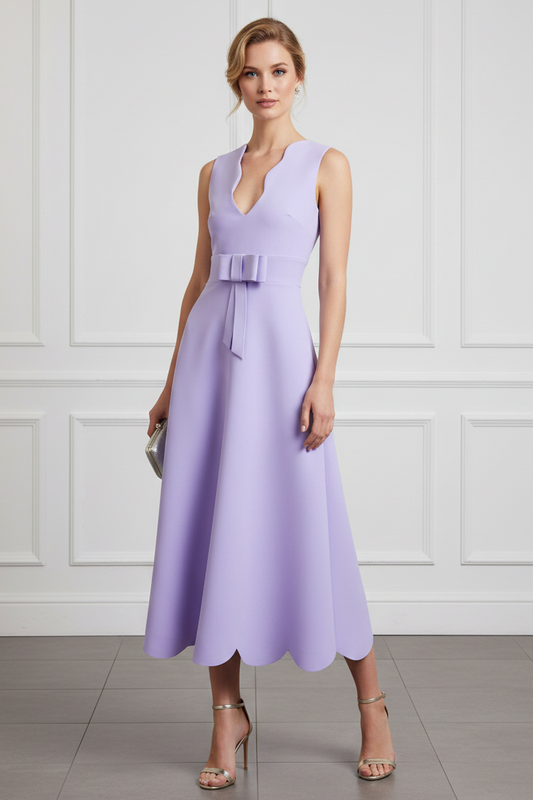 Lilac Scalloped V-Neck Midi Dress with Bow Belt
