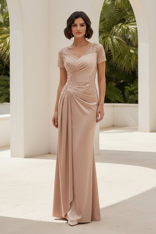 Sequin Sleeve Satin Sheath Evening Gown with Side Drape