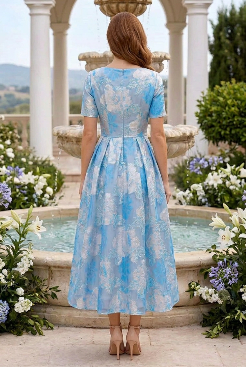 Floral Jacquard A-Line Midi Dress with Sleeves