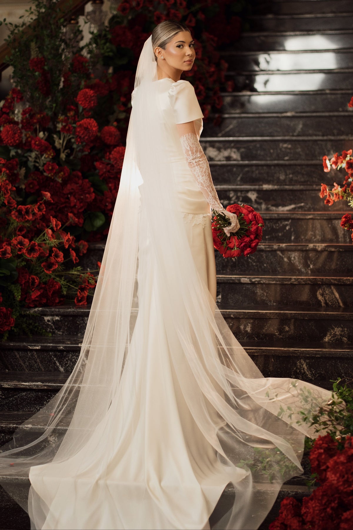 Satin Wedding Dress with Puff Short Sleeves