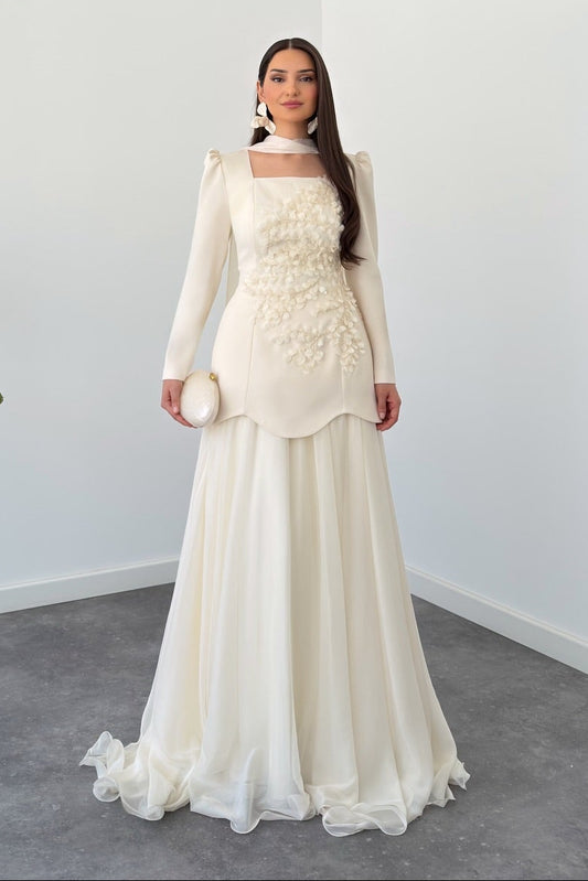 Square Neck Long Sleeve Two-Piece Gown