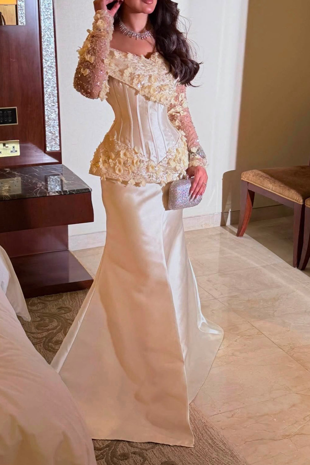 Off-Shoulder Corset Mermaid Gown with Floral Sleeves