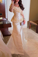 Off-Shoulder Corset Mermaid Gown with Floral Sleeves