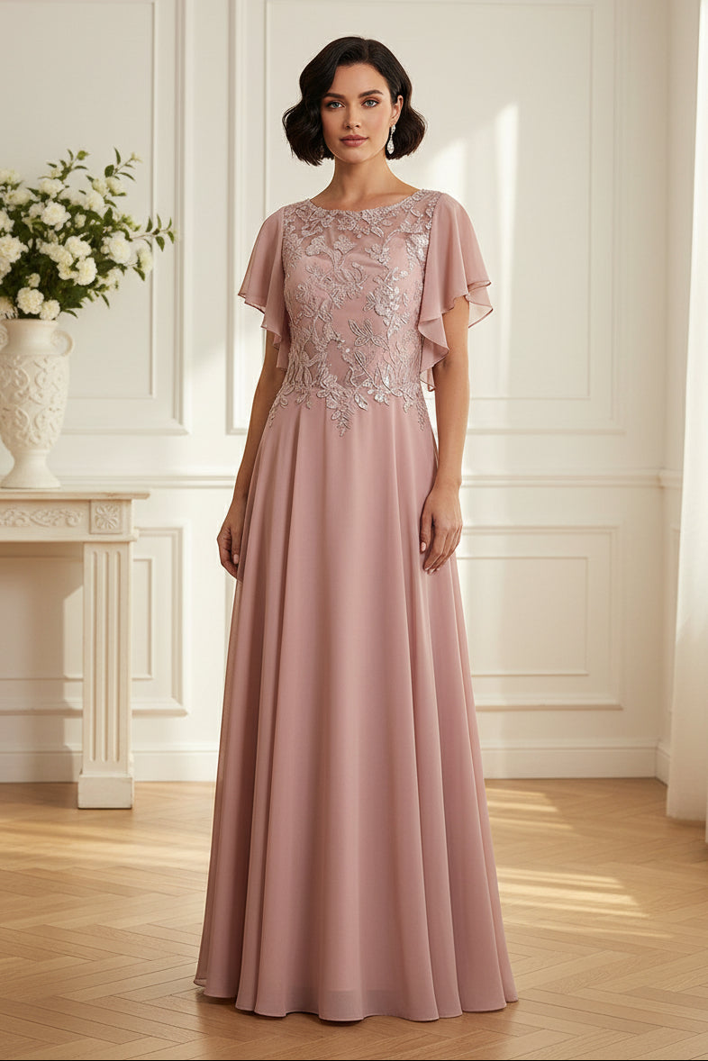 Flutter Sleeve Lace Applique Chiffon Evening Gown
