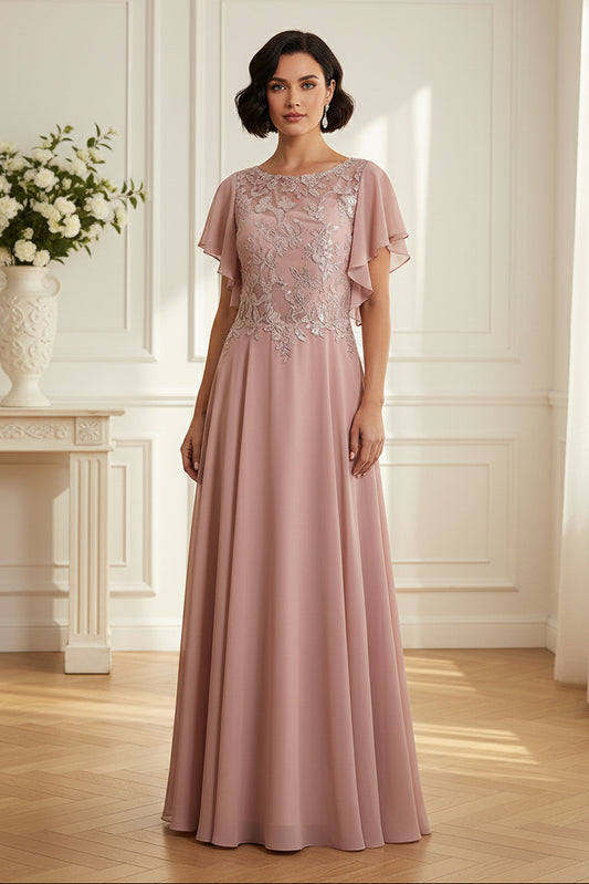 Flutter Sleeve Lace Applique Chiffon Evening Gown