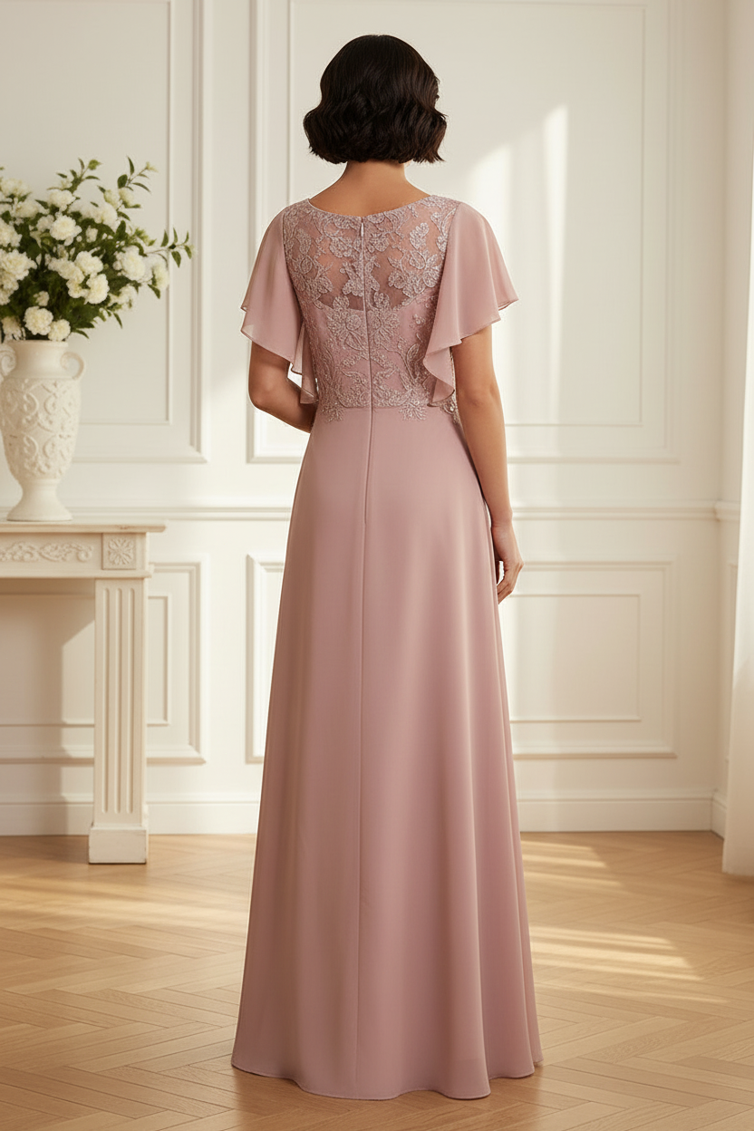 Flutter Sleeve Lace Applique Chiffon Evening Gown