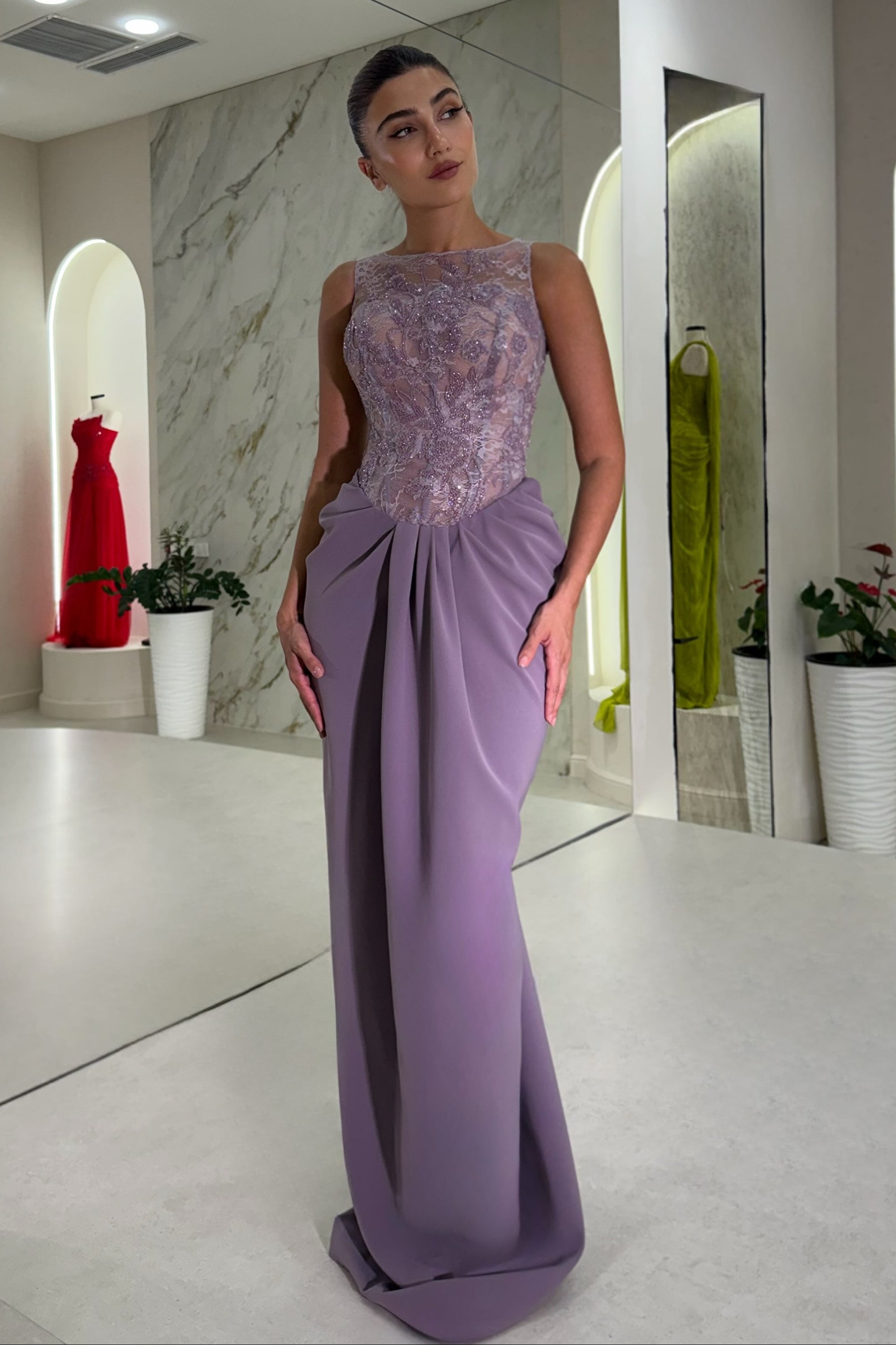 Illusion Lace Bodice Sheath Gown with Draped Skirt