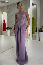Illusion Lace Bodice Sheath Gown with Draped Skirt
