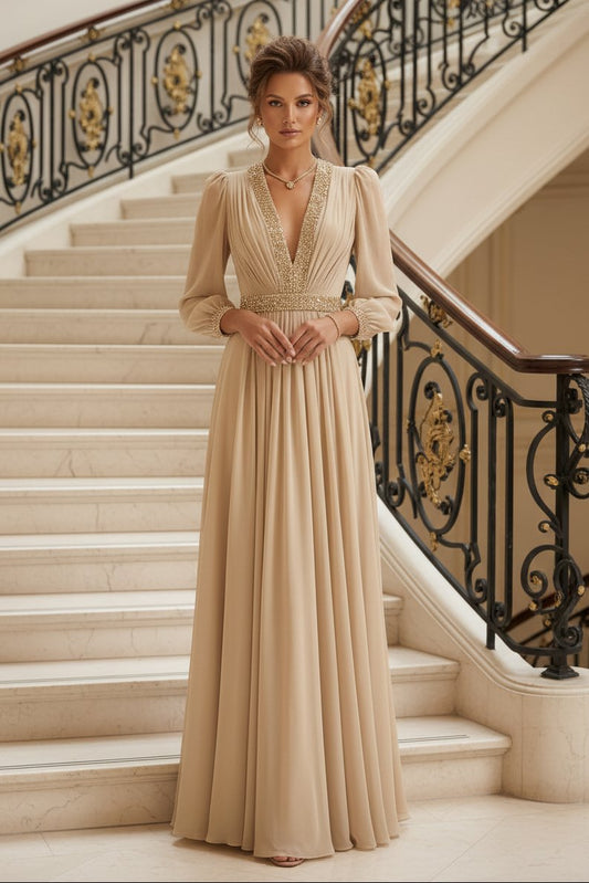 Beaded Deep V-Neck Pleated Chiffon Maxi Dress