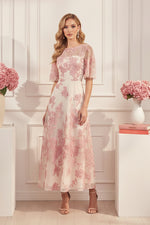 Floral Embroidered Flutter Sleeve A-Line Midi Dress