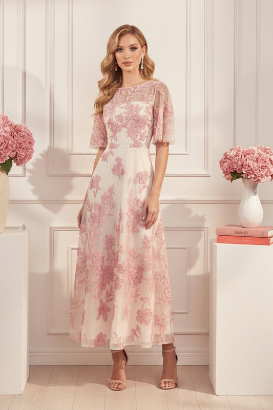 Floral Embroidered Flutter Sleeve A-Line Midi Dress