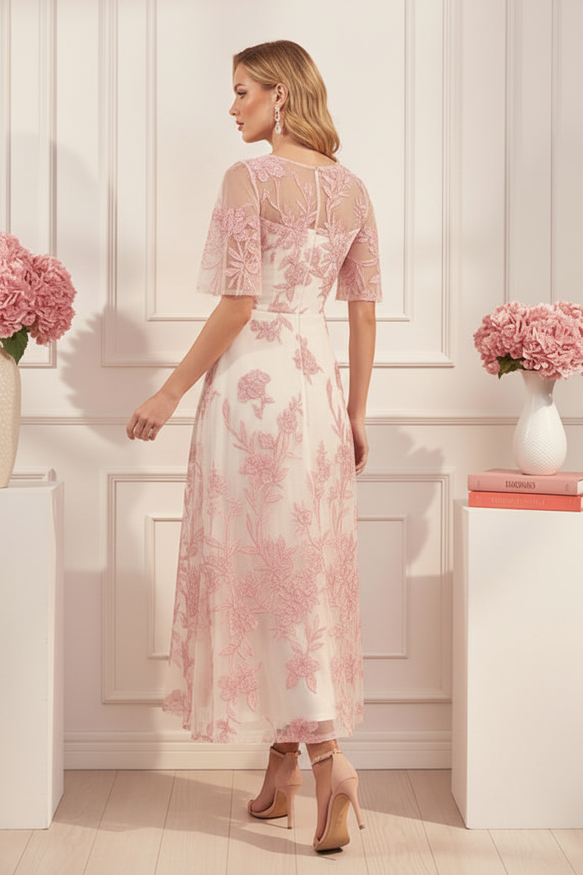 Floral Embroidered Flutter Sleeve A-Line Midi Dress