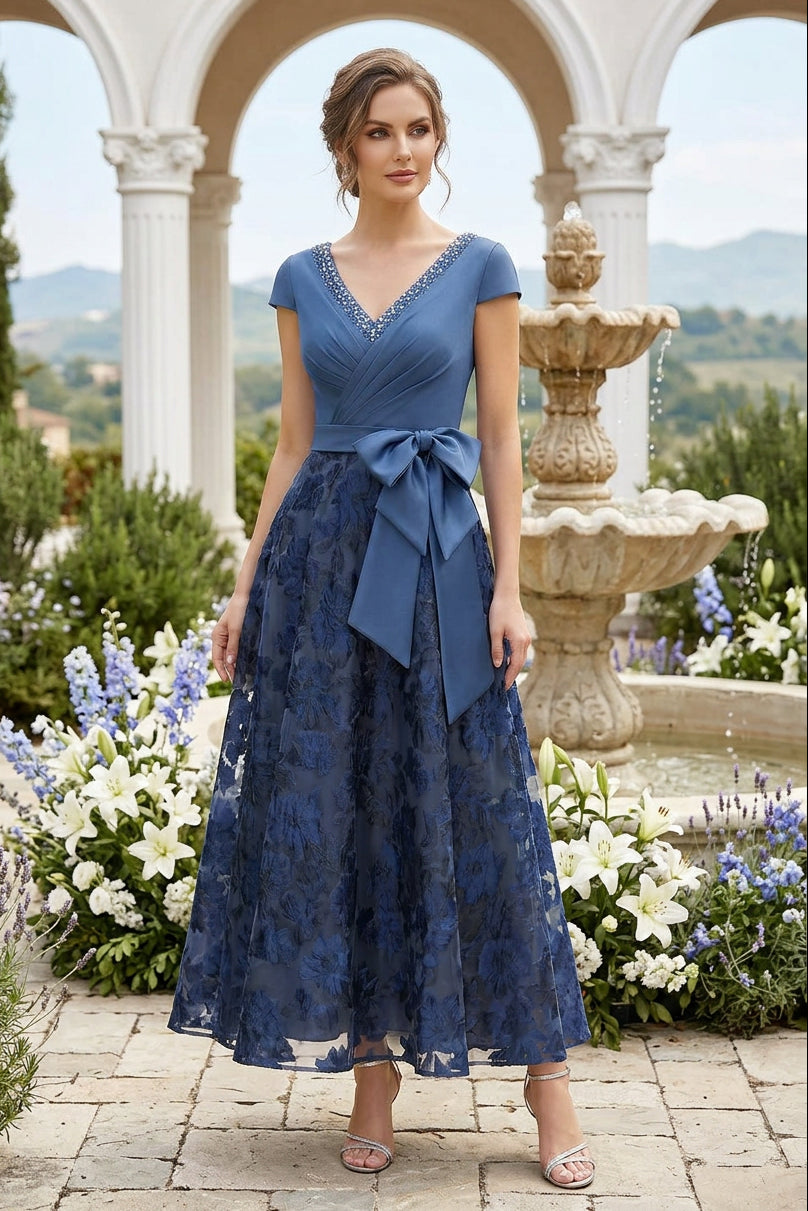 Beaded V-Neck A-Line Dress with Bow Waist
